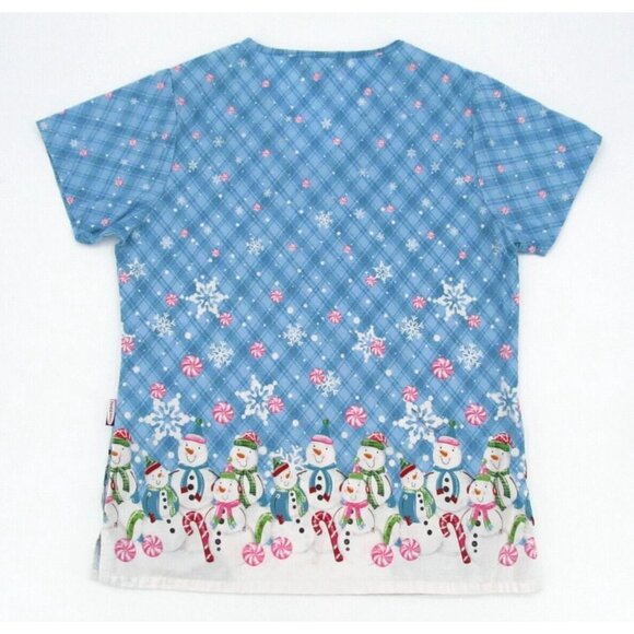 Vtg Scrub Works Scrub Top Womens Large Christmas Faux Wrap Pocket Nurse Snowman - Picture 2 of 10